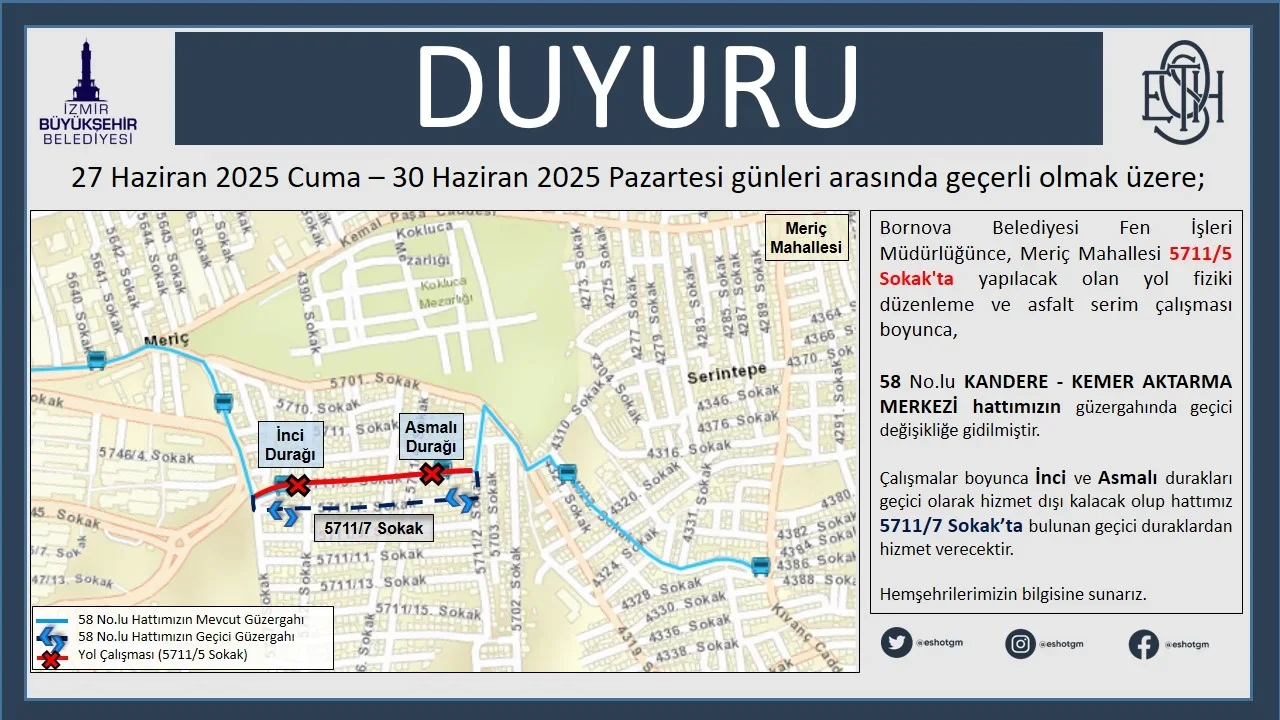 58 No.lu Hat Meriç Mahallesi Geçici Güzergah Değişikliği.webp