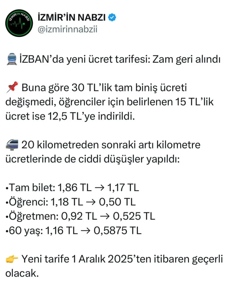 İzmir Büyükşehir Belediyesi İZBAN ücretlerinde düzenlemeye gitti. Buna göre- tam 30 TL, öğren...webp